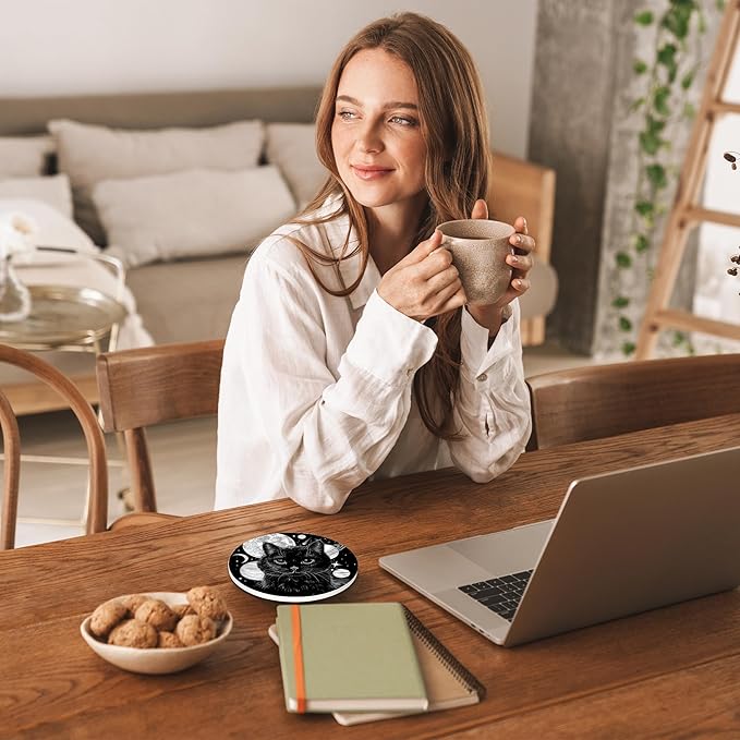 Black Cat Drinks Coasters Set of 4,Ceramic Absorbent Stone Cup Mat with Cork Base,Table Home Decor, Ideal Gifts for Women Men