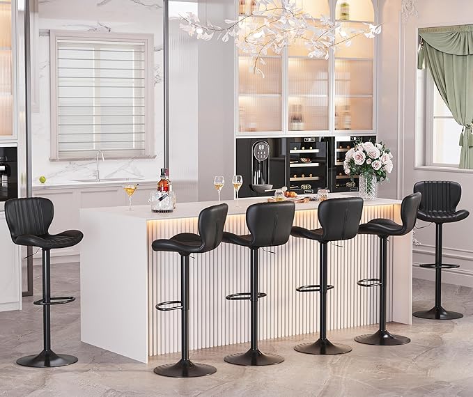 SUNLEI Swivel Swivel Bar Stools Set, Barstools Counter Height with Shell Shaped Backrest, Adjustable Moder Stools Pu Leather Bar Stool for Kitchen Counter, Island, Bars, Dining Room(Black, Set of 6)
