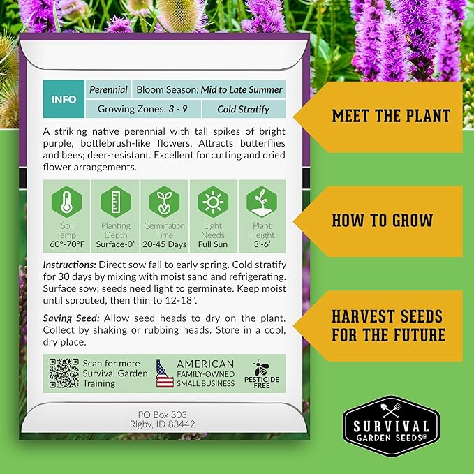 Survival Garden Seeds - Dense Blazing Star (Liatris spicata) | Gayfeather | Prairie Feather | North American Native Wildflower Seeds - 1 Pack
