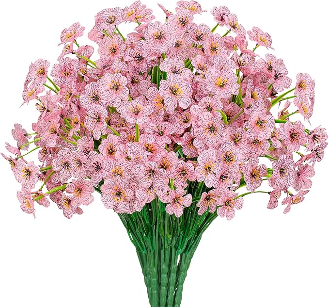 Outdoor Artificial Flowers 21 UV Resistant Bundles Fake Flower Plastic Plants Faux Silk Flowers Porch Hanging Garden Porch Window Box Decorating (Pink)