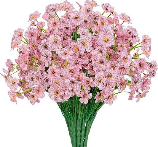 Outdoor Artificial Flowers 21 UV Resistant Bundles Fake Flower Plastic Plants Faux Silk Flowers Porch Hanging Garden Porch Window Box Decorating (Pink)