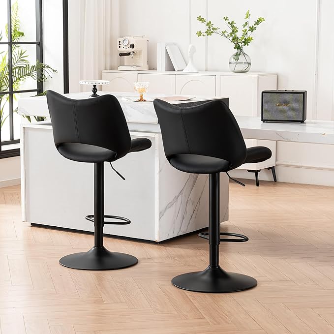 YOUNIKE Modern Bar Stools Set of 2, Black PU Leather Upholstered Barstools, Swivel Adjustable Armless Counter Stool, Ergonomic Hollow Mid Backrest Bar Chair for Kitchen Island, Home Bar Counter