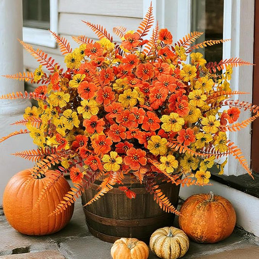 Artificial Mums Fall Fake Flowers for Outdoors, 12 Bundles Faux Mums for Outdoor Planters Decorations,UV Resistant Silk Flowers Plastic Plants for Front Porch Garden Patio (B-Orange Yellow Fern)