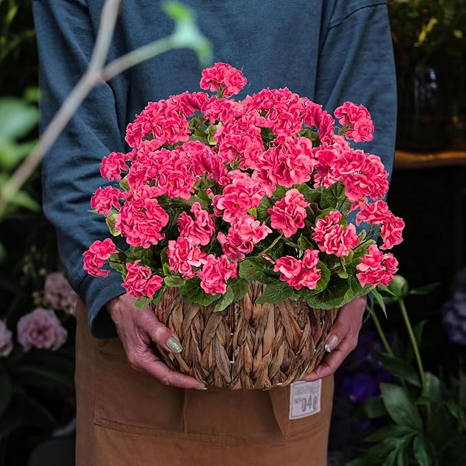 Plastic Flowers for Outdoors Home Decor Fake Plants Artificial Flowers Artificial Geraniums Outdoor Fake Flowers Silk Bouquet Fall Decoration Interior Porch Garden Decor 14.4"(Rose Red) 8PCS