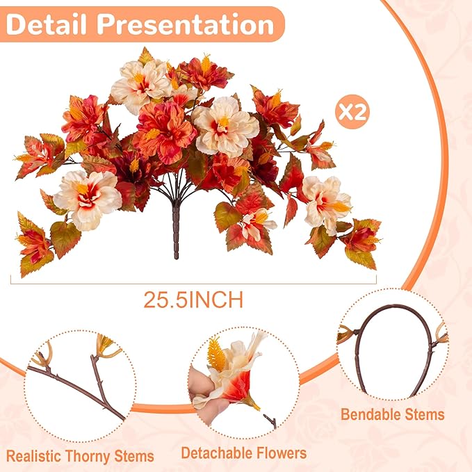 Fake Fall Flowers Artificial for Outdoors Decoration, 2PCS Faux Fall Flowers for Outdoor Planters, Autumn Hibiscus UV Resistant No Fade for Home Porch Patio Garden Balcony Yard Indoor Decor