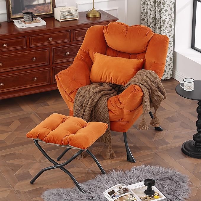 Lazy Chair with Ottoman, Modern Accent Chair with Lumbar Pillow, Comfy Chairs with Folding Footrest for Bedroom, Reading, Oversized Supportive Lounge Chairs(Velvet Orange)