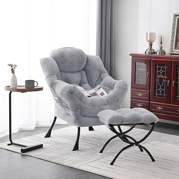 Welnow Lazy Chair with Ottoman, Modern Lounge Accent Chair with Armrests and a Side Pocket, Leisure Sofa Armchair, Reading Armchair with Footrest for Small Space, Plush Grey