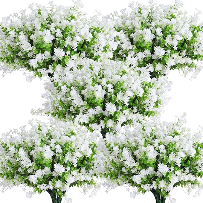 Artificial Flowers for Outside Artificial Faux Plants Flowers Outdoor Spring Decoration, Fake Eucalyptus Realistic UV Resistant for Planter Pot UV Resistant Realistic Outside Porch Patio Garden(White)