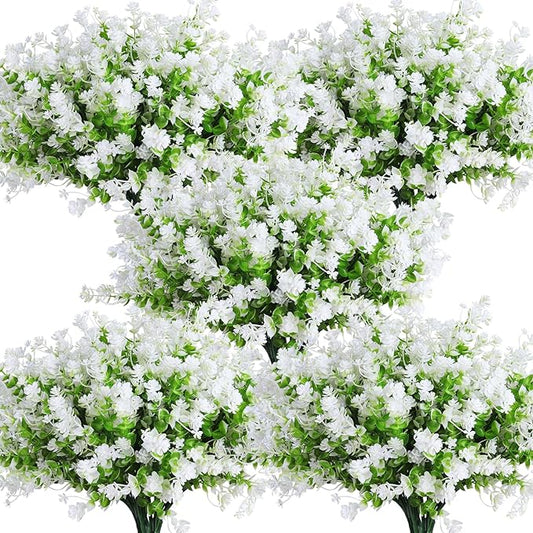 Artificial Flowers for Outside Artificial Faux Plants Flowers Outdoor Spring Decoration, Fake Eucalyptus Realistic UV Resistant for Planter Pot UV Resistant Realistic Outside Porch Patio Garden(White)