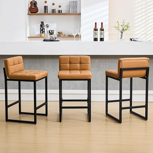 Bar Stools Set of 3, Upholstered PU Leather Counter Height Barstools with Low Back and Thickened Metal Legs, Modern Island Chairs for Kitchen Island (Caramel Brown, 3Pcs 26" Bar Stools)