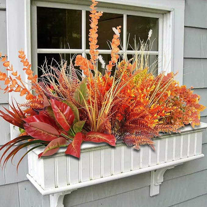 GTIDEA 27 Bundles Artificial Fall Flowers for Outdoors Decoration UV Resistant Fake Outdoor Fall Plants Autumn Plastic Flowers for Planters Window Box Garden Porch Indoor Home Thanksgiving Decor