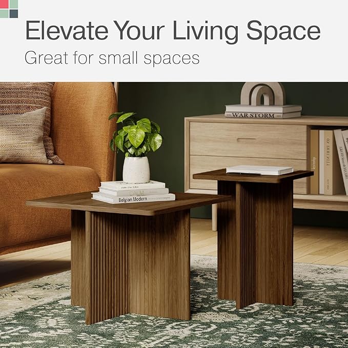 Living Room Table Set - Square Fluted, Natural Oak, 2-Piece - Nesting & Coffee Tables for Living Room