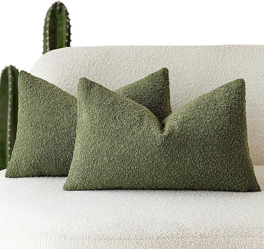 Foindtower Pack of 2 Modern Textured Boucle Throw Pillow Covers Accent Solid Decorative Lumbar Pillow Cases Cozy Couch Cushion Case for Chair Sofa Bedroom Living Room Home Decor, 12 x 20 Inch,Green