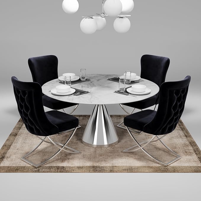 Ottomanson Royal Dining Chairs Set of 4 – Upholstered Tufted Microfiber, Assembled, Silver Metal Legs, Beech Wood Frame, 350 lb Capacity, Black