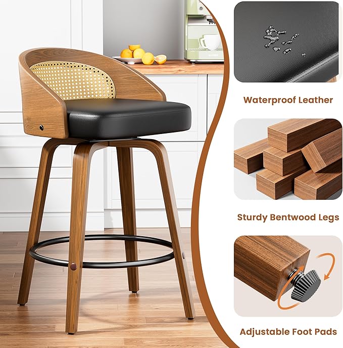 Swivel Bar Stools Set of 4, 26" Upholstered Faux Leather Barstools with Bentwood Legs, Mid Century Modern Counter Height Bar Stools with Rattan Back for Kitchen Island, Dining Room, Black