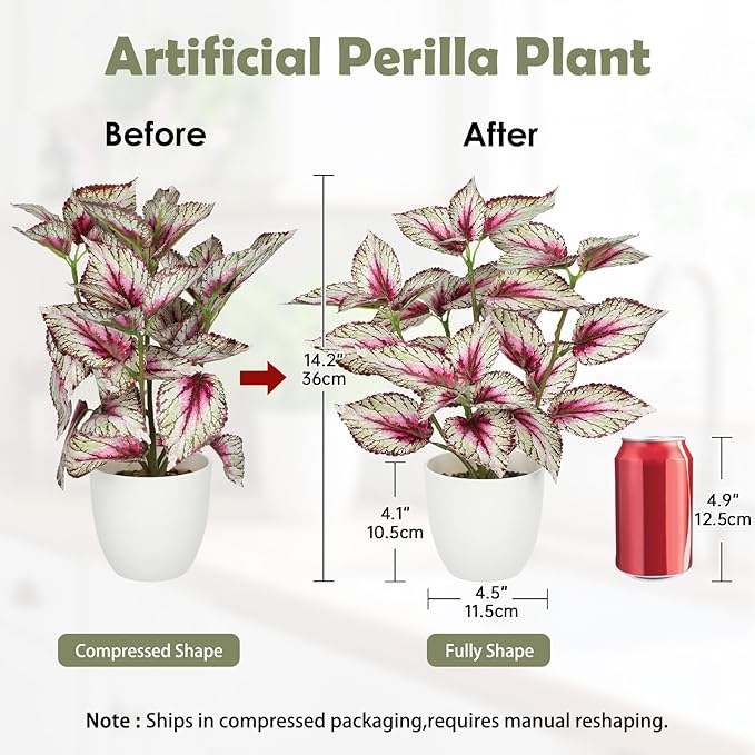 Artificial Plants Indoor 14.2" Small Fake Perilla Plant in Pot Potted Plants Artificial Decor Faux House Plant with White Pot for Farmhouse Home Office Bathroom Living Room Table Shelf Decor