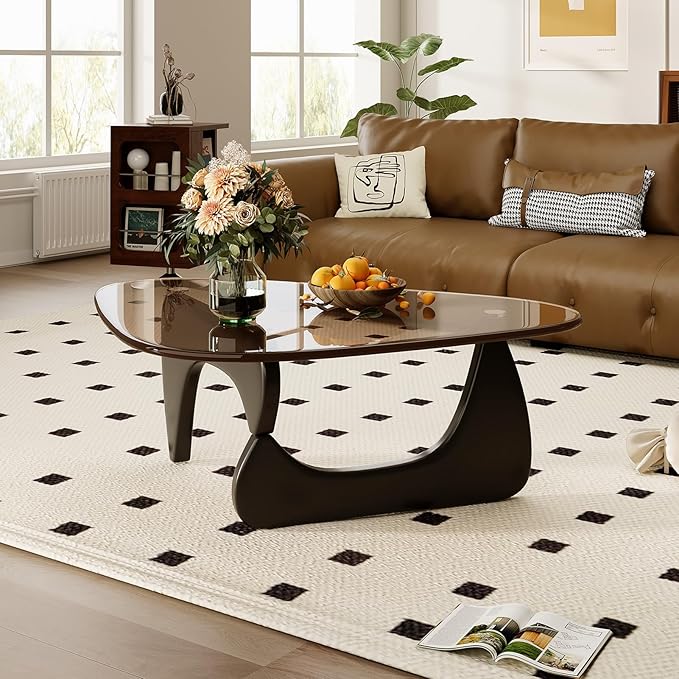 Glass Coffee Table for Living Room Mid Century Modern Triangle Center Table with Wooden Base, Brown/Black