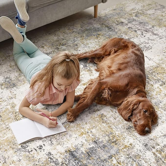 Area Rugs for Living Room: 9X12 Large Soft Washable Rug Modern Abstract Non-Slip Backing Stain Resistant Carpet for Bedroom Dining Room or Home Office Home Decor -Gray Gold