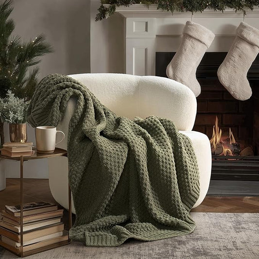 EVERGRACEHOME Chunky Chenille Knit Throw Blanket for Couch, Soft Luxurious Moss Stitch Blankets for Bed, Cozy Decorative Farmhouse Knitted Throws for Sofa, Olive Green, 60" x 80"