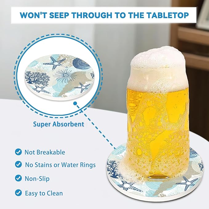 Seashell Coasters Set of 4, Starfish Beach Theme Round 4" Cup Coasters with Cork Base, Absorbent Ceramic Stone Coaster for Table Home Décor, Ideal Gifts for Women Men