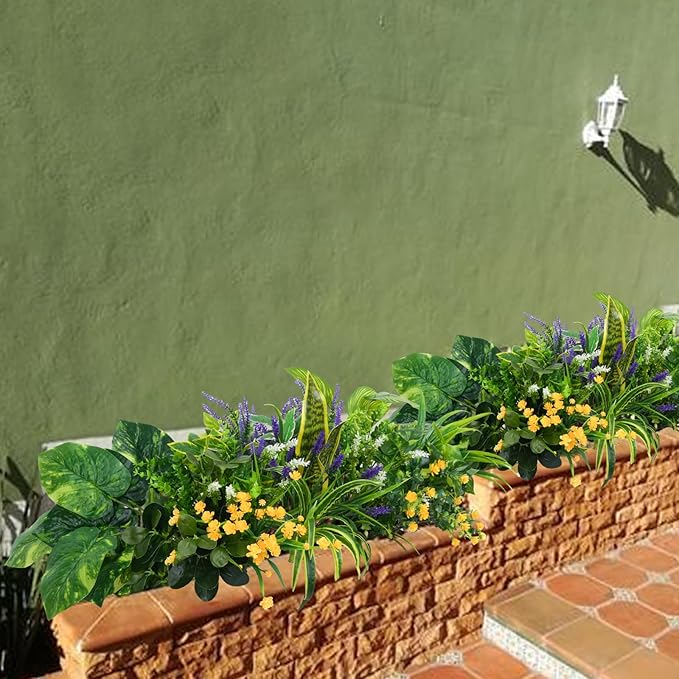 GTIDEA 19 Bundles Outdoor Faux Plants, Artificial Plants & Flowers UV Resistant Fake Plastic Leaves Greenery Stems for Outside Window Box Hanging Baskets Garden Patio Front Porch Decor