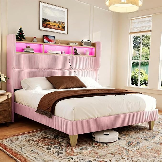 Queen Size Bed Frame with 51" Tall Corduroy Wingback Headboard and Storage Shelf, Upholstered Platform Bed with LED Lights & Charging Station, No Box Spring Needed, Easy Assembly, Pink