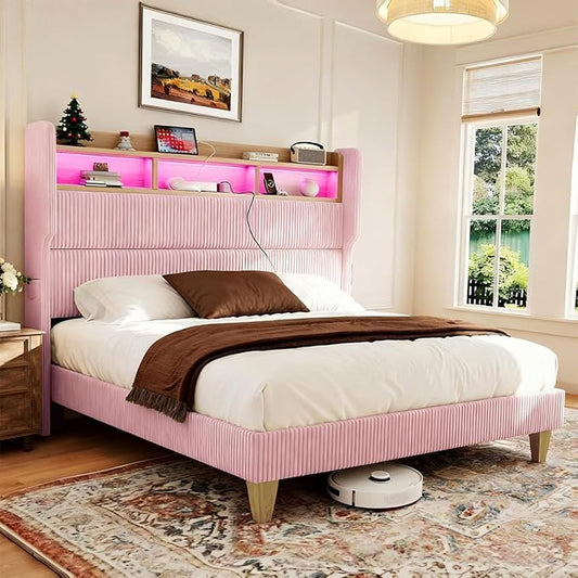 Queen Size Bed Frame with 51" Tall Corduroy Wingback Headboard and Storage Shelf, Upholstered Platform Bed with LED Lights & Charging Station, No Box Spring Needed, Easy Assembly, Pink