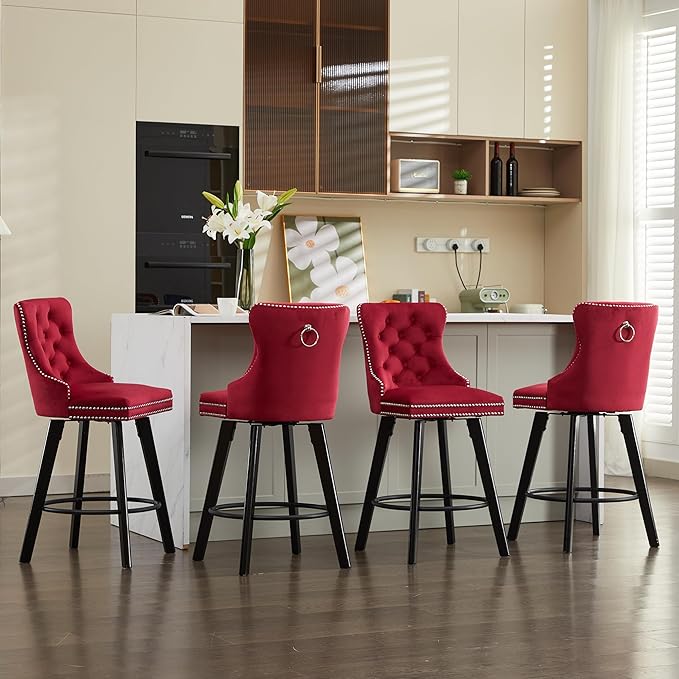YISHENG Modern Swivel 27" H Seat Set of 2 Velvet Barstools with Backrest and Footrest,Button Tufted Rivet Trim Dining Room Chairs with Metal Pull Ring for Kitchen Island，Bistro, Home Bar，Red