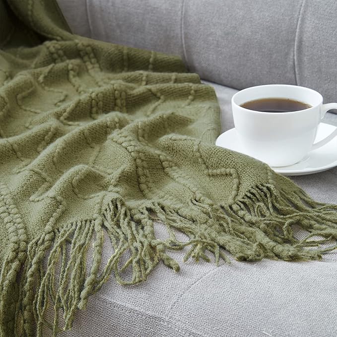 BOURINA Olive Throw Blanket 50x60 Inches Throw Textured Solid Soft Sofa Couch Decorative Knit Blanket