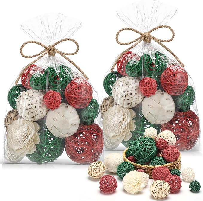 Riceshoot 2 Pack Decorative Balls Potpourri Bowl Filler Decor Natural Vase Bowl Filler Assorted Spherical Rattan Twigs Wicker Balls Cotton for Home Centerpiece(Red, Green, White)