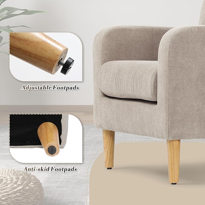 Athena Collection Modern Accent Chair with Cushion, Comfy Upholstered Fabric Reading Chair for Adult, Soft Sofa Armchair for Living Room, Bedroom, Dorm, Beige