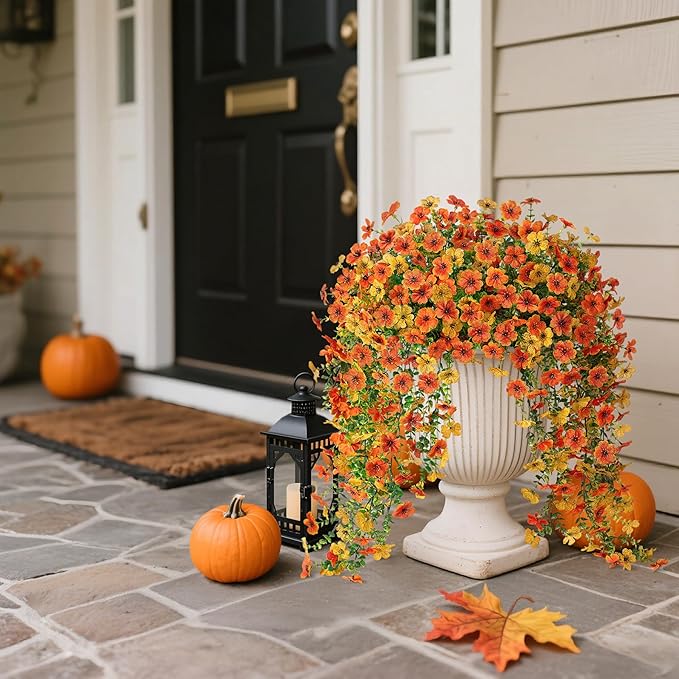 Fake Mums Artificial Hanging Flowers for Outdoor Fall Decoration, 2 PCS Silk Daisy Flower Realistic Faux Plants UV Resistant for Porch Patio Window Yard Outside Autumn Decor(Yellow Orange)