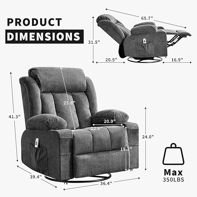 GarveeHome 360° Swivel Rocker Recliner Chair with Heat Massage, Widen Overstuffed Single Sofa Lounge Chair with 3 Positions 2 Side Pockets Cup Holders USB Ports Remote Control Gray