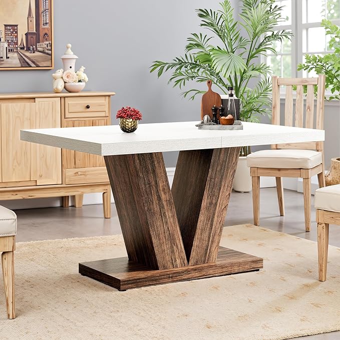 NicBex 47" Dining Table for 4 People, Farmhouse Dinner Table Small Dining Room Tables Rectangular Wooden Kitchen Tables with Heavy Duty Pedestal for Kitchen, Living Room, White & Brown