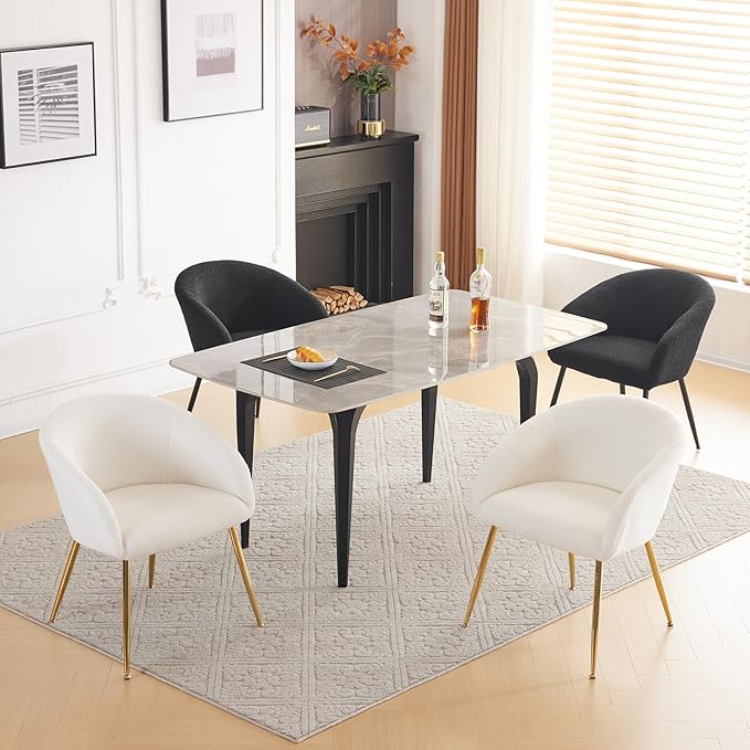 Modern Small Accent Chair, Comfy Sherpa Makeup Vanity Chair with Golden Metal Legs, Decorative Chair no Wheels for Living Room, Dressing Room, Bedroom, White