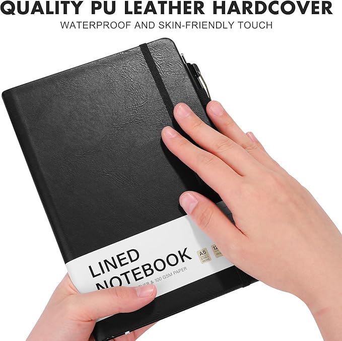 Aodaer Lined Notebook Journal with Pen A5 Notebooks 100 GSM College Ruled Hardcover Notebook PU Leather Notepad with Pen Holder for Office School, 5.7 x 8.3 Inches, Black