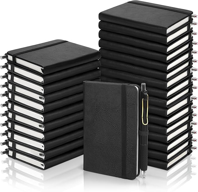 Aodaer 50 Sets Pocket Notebook Journal with Pens, 160 Pages, 3.5 x 5.5 Inch Mini Lined Journal Notebook A6 Leather Hardcover College Ruled Notepad with Pen Holder for School Office Gifts, Black