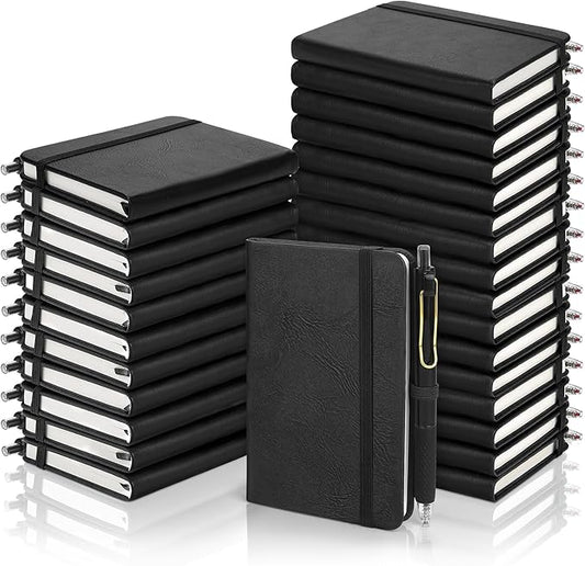 Aodaer 50 Sets Pocket Notebook Journal with Pens, 160 Pages, 3.5 x 5.5 Inch Mini Lined Journal Notebook A6 Leather Hardcover College Ruled Notepad with Pen Holder for School Office Gifts, Black