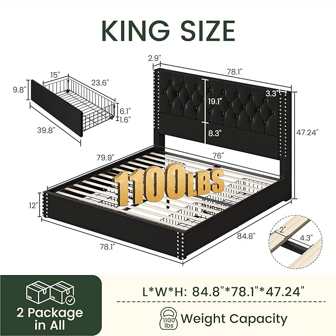 LARMACE King Size Bed Frame with 4 Storage Drawers and Tufted Headboard Linen Upholstered Platform Bed Frame with Heavy Duty Wood Slats, No Box Spring Needed, Easy Assembly,Black