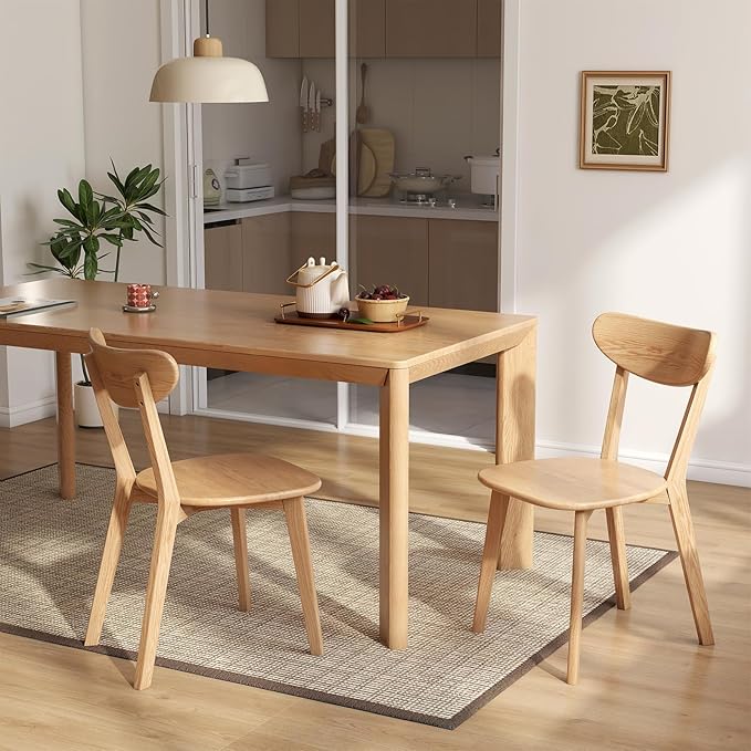 Mid Century Oak Wood Dining Chair, 100% Solid Wood Kitchen Chair with Rounding Edges & Curved Backrest, Modern Armless Accent Dining Chairs for Kitchen Dining, Natural Oak