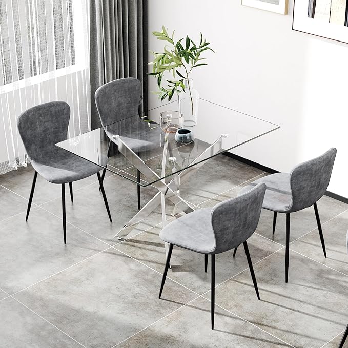 Tempered Glass Dining Table 48 Inch Mordern Rectangular Kitchen Table with Black Metal Legs for Dining Room Kitchen