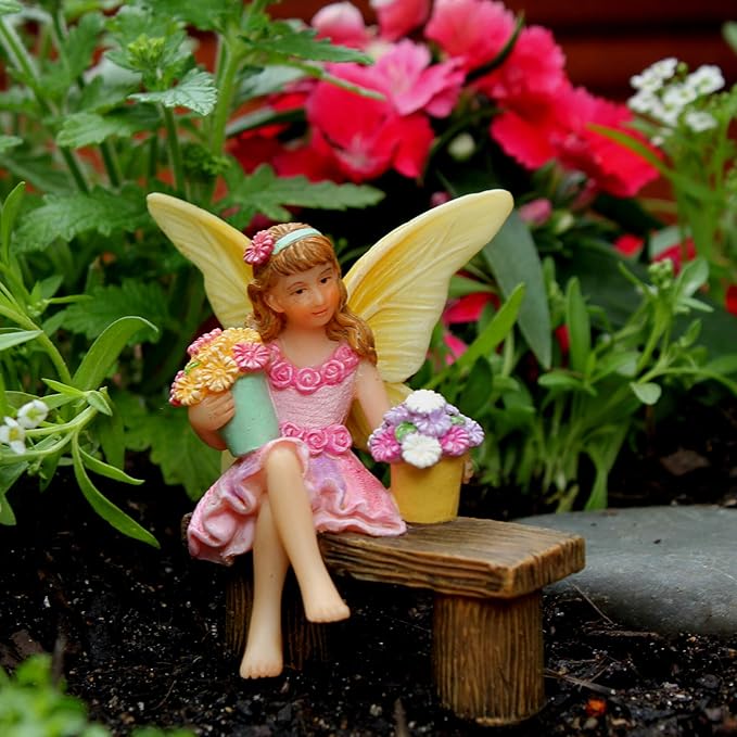 PRETMANNS Fairy Garden Fairy – Adorable Accessory for Indoor or Outdoor Miniature Garden – Small Figurine Isabella Sitting on a Bench – 1 Item