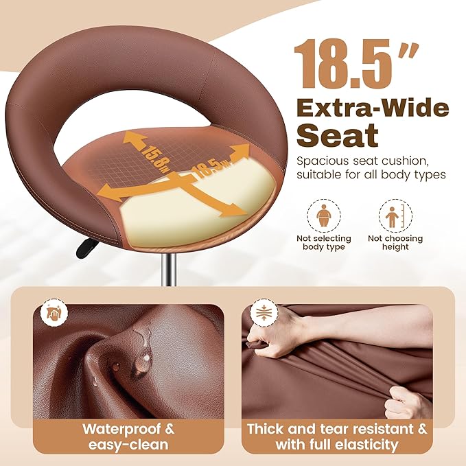 Drafting Chair with Back, Height Adjustable Rolling Stool with Foot Rest, Tall 360° Swivel Stool PU Leather Chair with Wheels for Home Office, Standing Desk, Brown