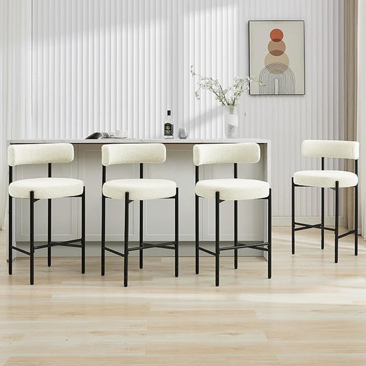 28'' Boucle Bar Stools Set of 4, White Bar Stools with Backs, Counter Height Bar Height Stools for Kitchen Island, Upholstered Bar Chairs