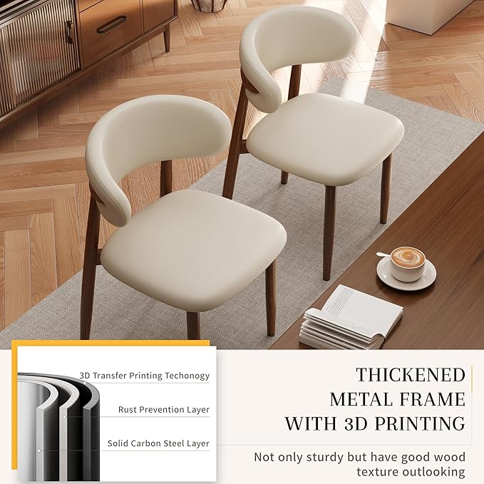 Kitchen Dining Chairs Set of 6 Modern Upholstered Leather Farmhouse Dining Room Chair with Metal Legs, Walnut/Beige