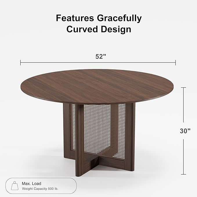 Casaphoria 52" Round Dining Table, Modern Kitchen Table for 6, Scratch-Resistant Top & Rattan Base, Farmhouse Dinner Table for Living Room, Kitchen, Bar, Easy Assembly, Walnut