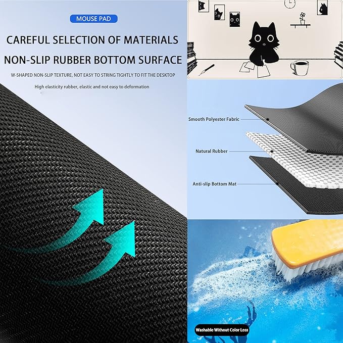 Aesthetic Beige White Anime Desk Mat Mouse Pad Cute Kawaii Minimalist Black Cartoon Cat XXL Large Extended Gaming Mousepad Desk Pad, PC Laptop Keyboard and Mouse Mat for Women Desk 31.5x15.75 in