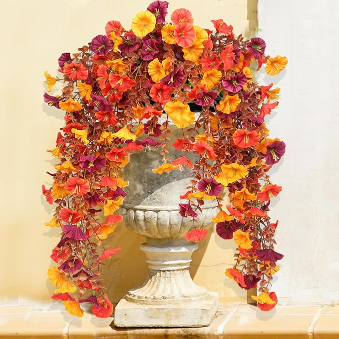 Artificial Hanging Flowers for Outdoors, 4 pcs Faux Mums for Outdoor Planters, UV Resistant Morning Glory Fake Mums for Yard Patio Lawn Garden, Real Touch Silk Flowers Fall Porch Decor