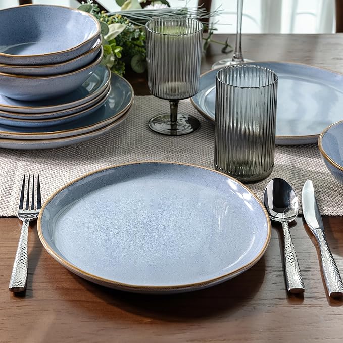 AmorArc Ceramic Dinnerware Sets,Handmade Reactive Glaze Stoneware Plates and Bowls Set,Highly Chip and Crack Resistant | Dishwasher & Microwave Safe Dishes Set,Service for 8 (24pc)-Reactive Blue