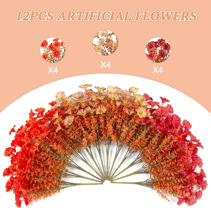 Fall Artificial Flowers for Decoration, 12 Bundles Fake Autumn Flower Plants Petunias, Faux Silk Morning Glory Eucalyptus for Planter Garden Porch Front Door Window Box, Red Orange